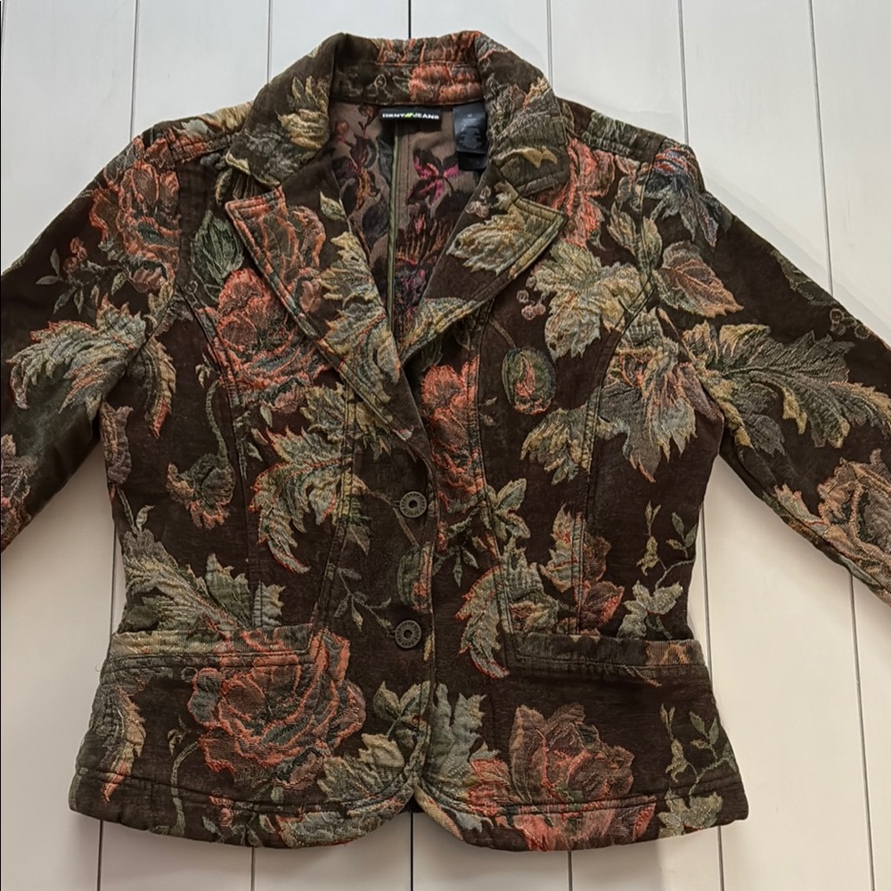 DKNY Brown and Green Floral Blazer with Tailored Silhouette